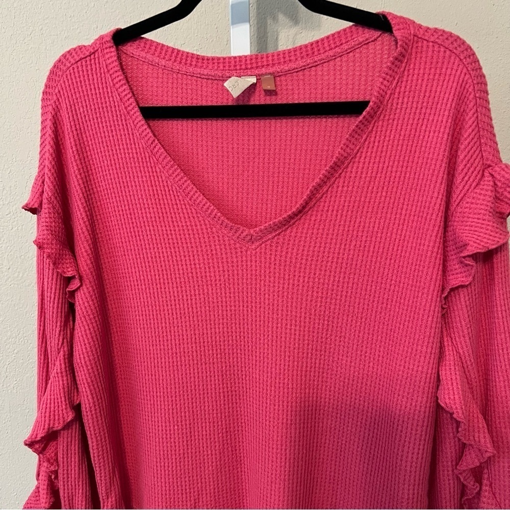 Pilcro Anthropologie Size Medium Hot Pink Waffle Weave Thermal Ruffle Sleeve Top - Picture 3 of 5